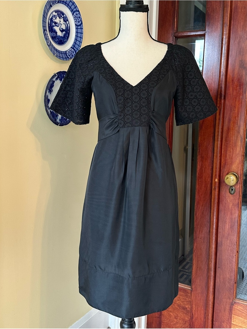 Banana Republic | Black Silk with Cotton Eyelet Lace Empire Waist Dress, Size 4